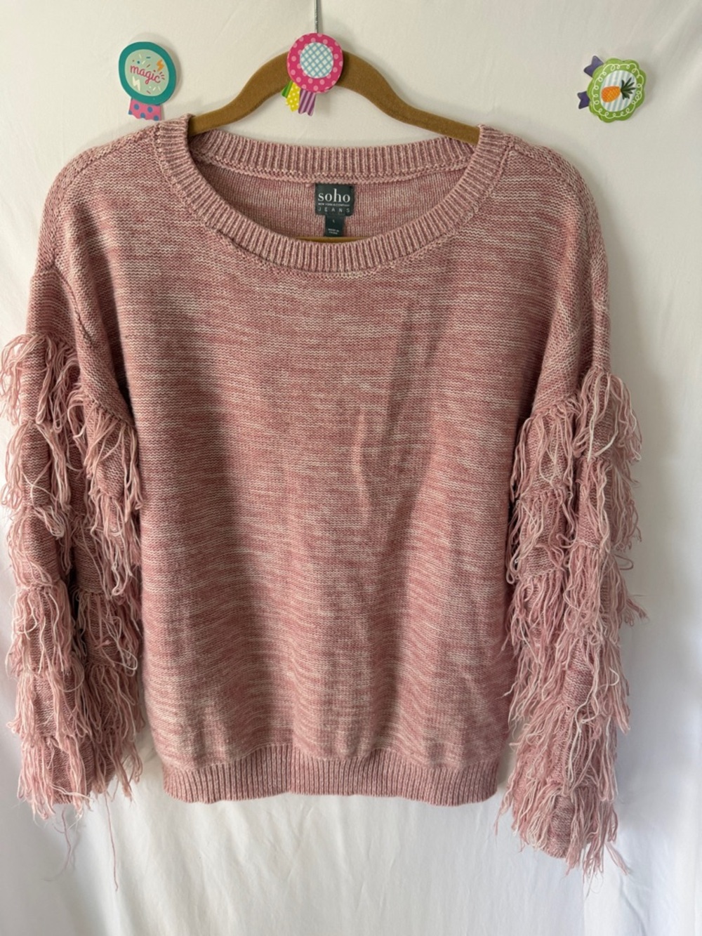 Soho Dusty Pink Fringe Sleeve Crewneck Sweater